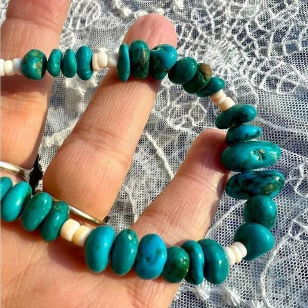 Vintage Turquoise nugget & Spiny Oyster Shell Heishi Necklace 30”